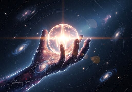 Glowing orb held in hand with galaxies and stars in space