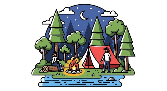 Starlit Night Camping Illustration - Cozy Campfire, Red Tent, People in Forest by Water.