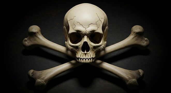 Starkly Lit Realistic Skull and Crossbones, an Ominous Symbol of Danger Isolated on Black.