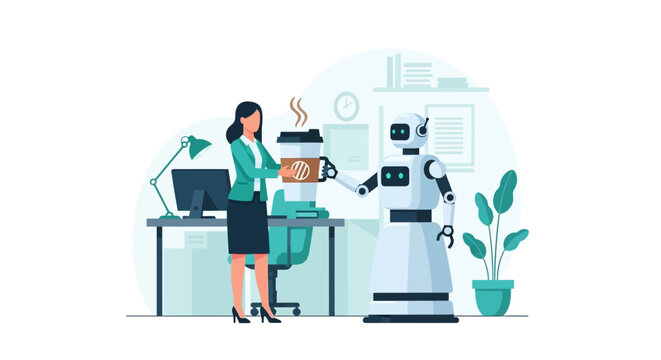 Robot Serving Coffee to Businesswoman in Modern Office, AI Assistant and Human Collaboration Concept Illustration