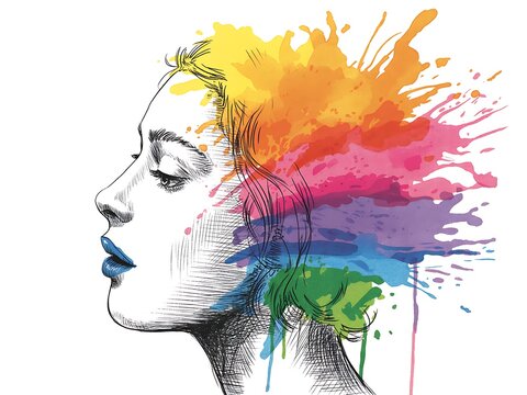Creative portrait of a woman in profile with colorful paint splashes exploding from her head