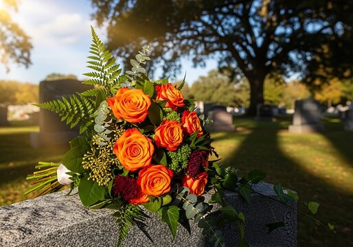 Orange roses and green leaves bouquet on a gravestone in a cemetery