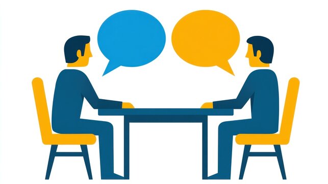 Two men sitting at a table with speech bubbles in front of them