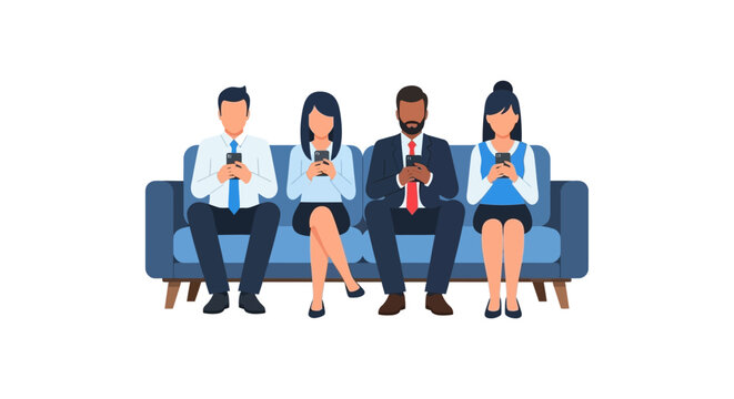Diverse Business People Sitting on Sofa Using Smartphones Vector Illustration - Digital Addiction and Social Media Communication Concept