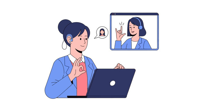 Online Accessibility Illustration of Woman with Hearing Aid using Sign Language for Video Call Communication on Laptop