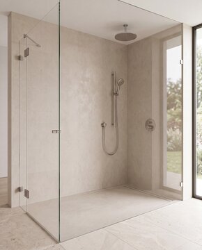 Minimal walk in shower with frameless glass enclosure