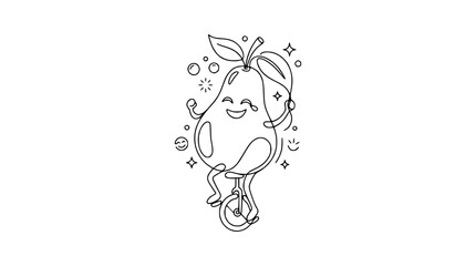 Happy Pear Character Riding a Unicycle, Outline Drawing, Fun and Playful © chici