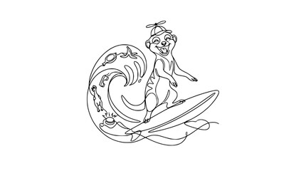 Fototapeta premium Happy Meerkat Surfer Riding Wave on Surfboard - Single Line Art Illustration
