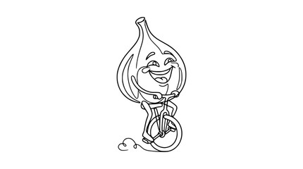Happy Onion Character Riding a Unicycle, Line Art Illustration © chici