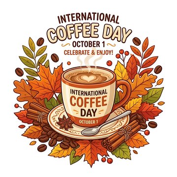 International Coffee Day celebration with coffee cup autumn leaves and coffee beans vector illustration