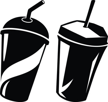 Takeaway Soft Drink Cups with Straws Silhouette Vector Illustration Fast Food Beverage Set.