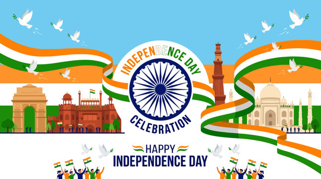 vibrant and festive indian independence day celebration with iconic monuments and patriotic symbols in colorful design
