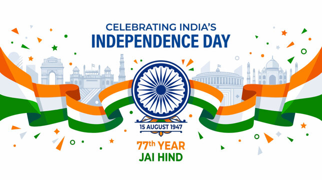 Celebration of India's 77th Independence Day with patriotic symbols and vibrant colors on August 15th 1947 anniversary