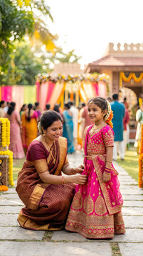 Indian mother helping her young daughter dress in traditional ethnic clothes at a festive outdoor wedding celebration