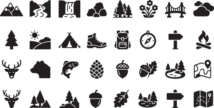 Set of black camping and outdoor adventure icons featuring nature elements and hiking equipment vector illustration