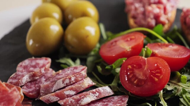Set of delicious snacks in the restaurant, jamon, sausage fuet large green olives, steak tartare. High quality 4k footage