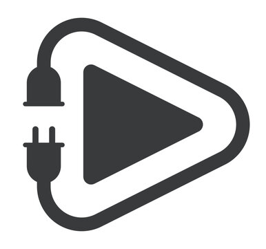 Minimalist vector illustration of a dark gray play button icon integrated with an electric power plug and socket design