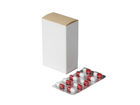 Blank white medicine box and blister pack of capsules isolated on transparent background