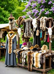Fototapeta premium Medieval fair stall displays fur coats, hats, and animal skulls. Traditional clothing and accessories are showcased at an outdoor market with blooming lilac.