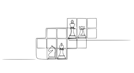 Continuous line drawing of chess pieces on a board, strategy and competition concept © chici