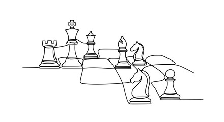 Continuous line drawing of chess pieces on a board, symbolizing strategy and competition. © chici