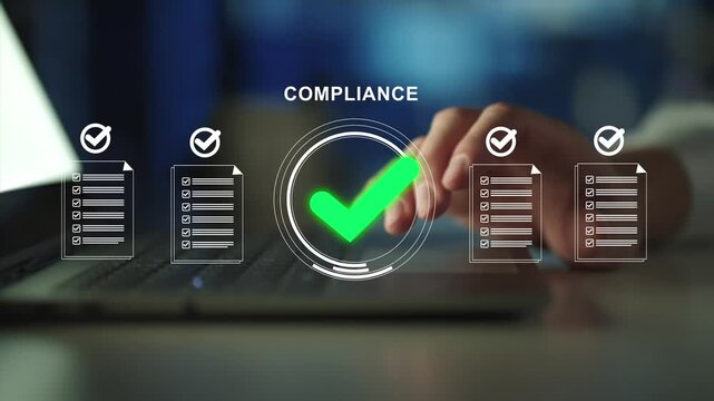 Regulatory compliance checklist concept. Digital check mark icons, standards verification, risk management and business certification process.