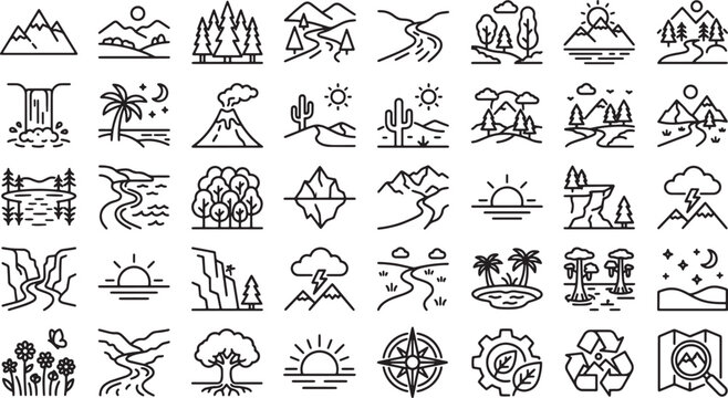 Set of nature and landscape line icons featuring mountains forests rivers and environmental elements in vector