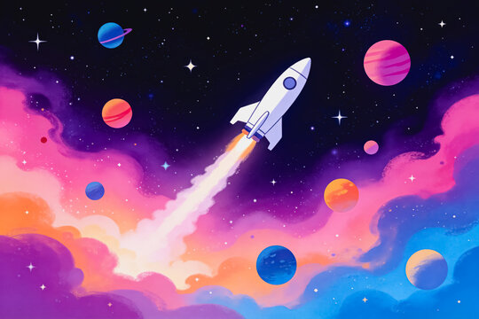 A whimsical cartoon illustration of a rocket traveling through a vibrant star-filled space with colorful planets and nebula clouds.