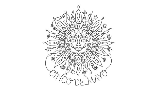 Continuous line art of a Mexican sun, minimalist, single unbroken line, white background, clean black lines, Cinco de Mayo theme.