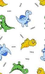 Whimsical cartoon dinosaurs scattered on a clean white background with playful text elements © SA Graphic Desing