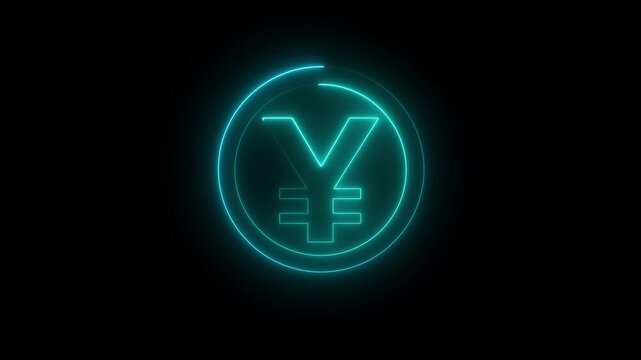 Glowing Neon Japanese Yen Currency Coin Icon Animation on Black Background, Digital Finance Concept