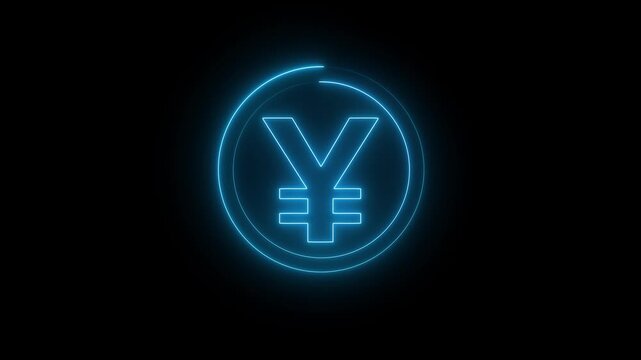 Glowing Neon Japanese Yen Currency Coin Icon Animation on Black Background, Digital Finance Concept