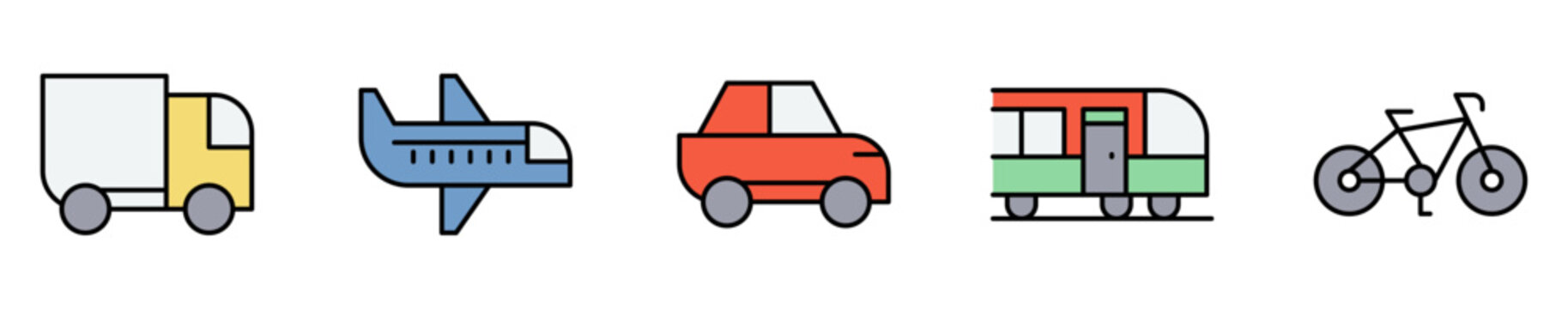 Conjunto de iconos de transporte. Representa movilidad y desplazamiento. Incluye cami&oacute;n, avi&oacute;n, autom&oacute;vil, tren y bicicleta. Ilustraci&oacute;n vectorial