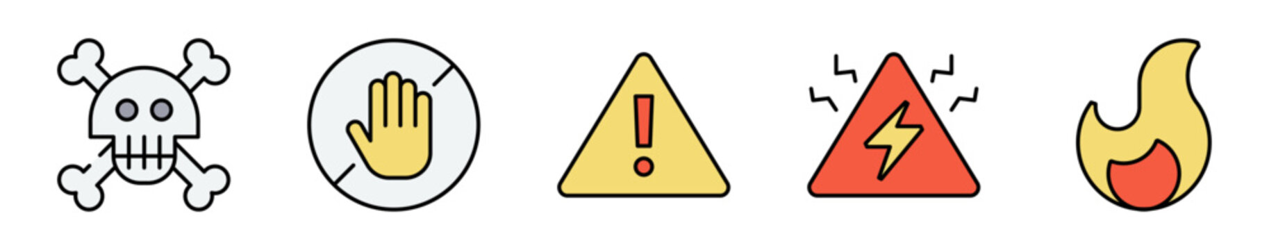 Conjunto de iconos de advertencia y seguridad. Representa riesgos y prevenci&oacute;n. Incluye peligro biol&oacute;gico, restricci&oacute;n, alerta, riesgo el&eacute;ctrico e incendio. Ilustraci&oacute;n vectorial