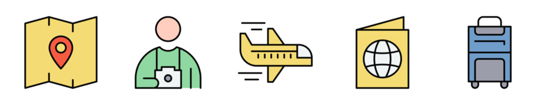 Conjunto de iconos de viaje y turismo. Representa exploraci&oacute;n y desplazamiento internacional. Incluye mapa, fot&oacute;grafo, avi&oacute;n, pasaporte y equipaje. Ilustraci&oacute;n vectorial