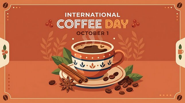 International Coffee Day celebration with coffee beans cup and spices vector illustration