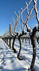 Obraz premium Snow-covered grape vines stretch in neat rows under clear blue sky. Bare branches dusted with white frost create striking patterns. Tranquil winter vineyard scene offers serene, natural beauty