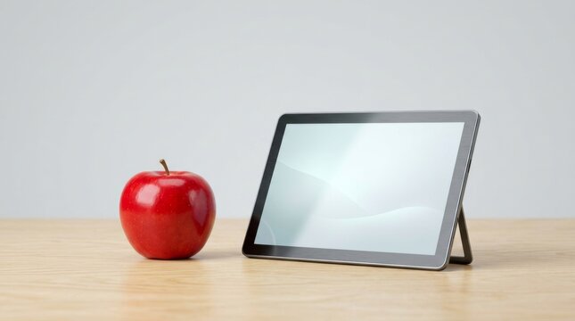 Modern Education Concept: A fresh red apple sitting on a wooden desk next to a blank white tablet screen against a clean background.