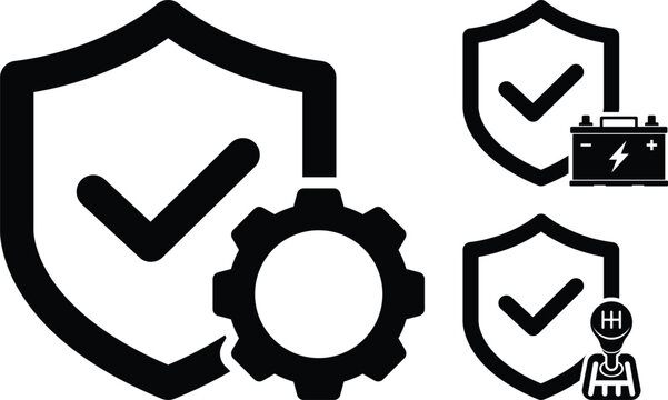 Black car warranty and vehicle insurance protection icon set layout representing general warranty, engine gear, manual transmission, and battery.