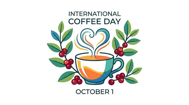 International Coffee Day illustration with coffee cup and leaves vector graphic