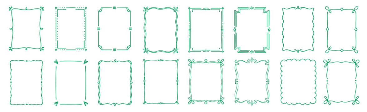 Green decorative frame and border collection on white background. Elegant outline rectangles with floral corners and blank space for invitations, cards or certificates.