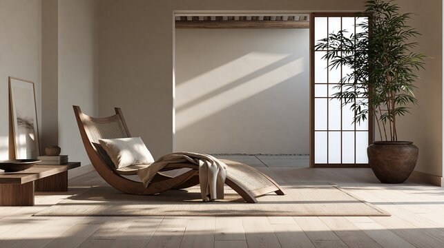Minimalist wabi sabi style living room with wooden chaise lounge potted bamboo plant and soft warm sunlight shows calm modern asian interior design