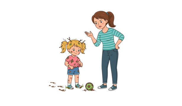 Upset mother and muddy child cartoon vector showing daughter scolded for naughty messy behavior