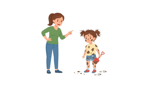 Mother scolding dirty daughter after messy outdoor play cartoon family behavior vector illustration