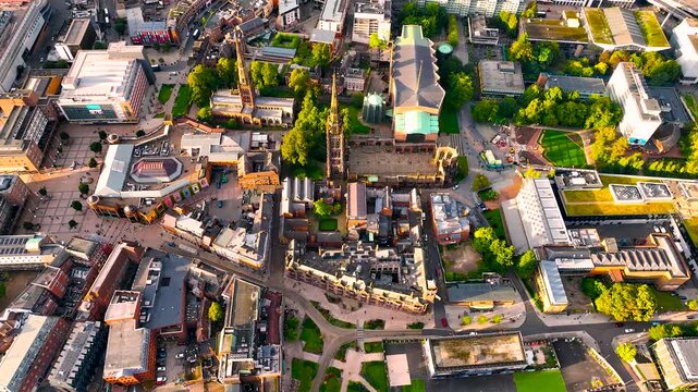 Aerial view of Coventry, a city in central England known for the medieval Coventry Cathedral and statue of lady Godiva