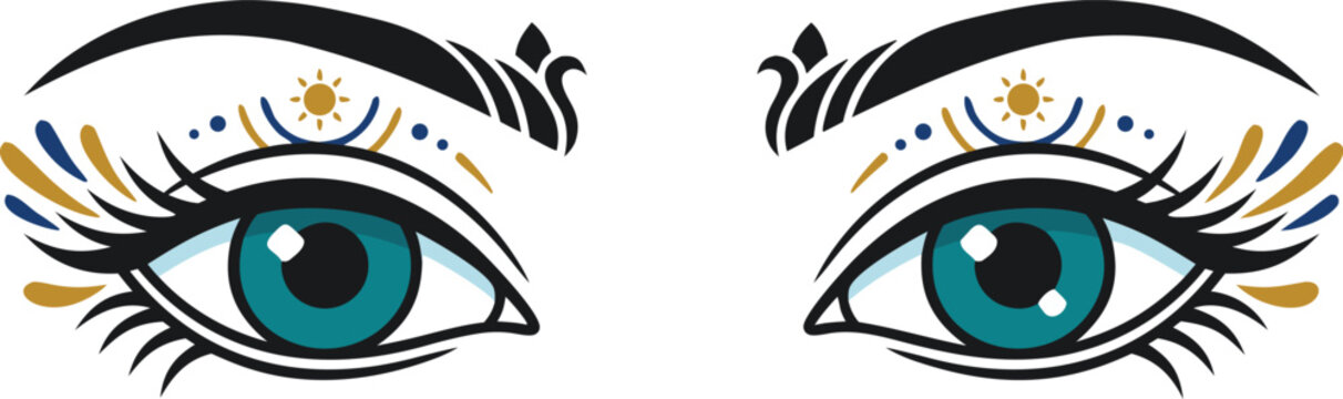 Decorative teal eyes vector illustration with gold celestial patterns