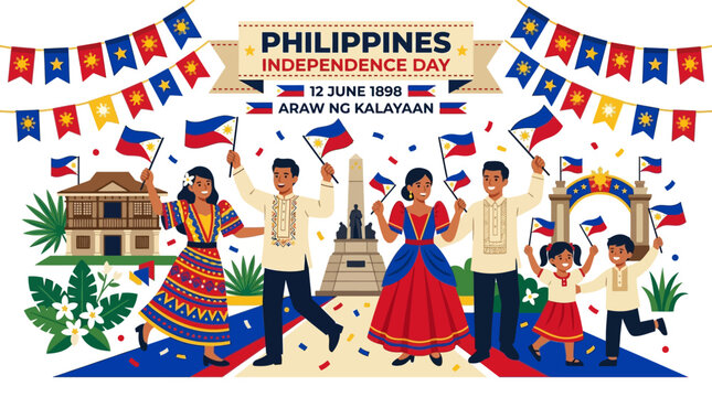 Philippines Independence Day celebration vector illustration with people waving flags.