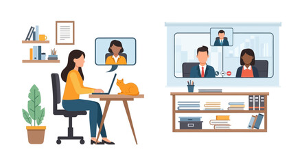 Fototapeta premium Businesswoman Working from Home Having Video Conference with Colleagues, Remote Work and Online Meeting Concept Vector Illustration