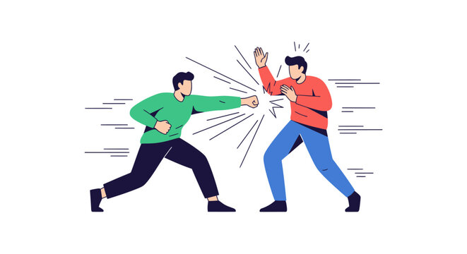 Aggressive confrontation, two men fighting with punches in cartoon style