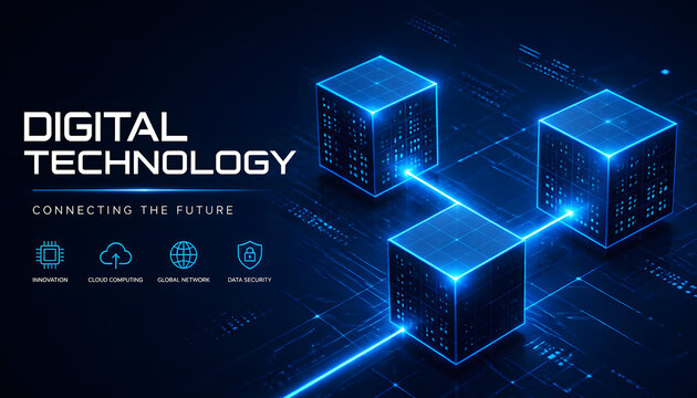 Digital technology background featuring connected glowing 3D data cubes. Abstract blockchain server infrastructure for cloud computing network banner. Futuristic cybersecurity and global innovation co